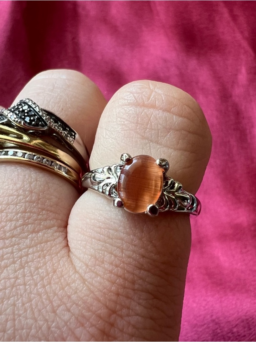 Silver Tone Ring with Orange Cat's Eye Stone